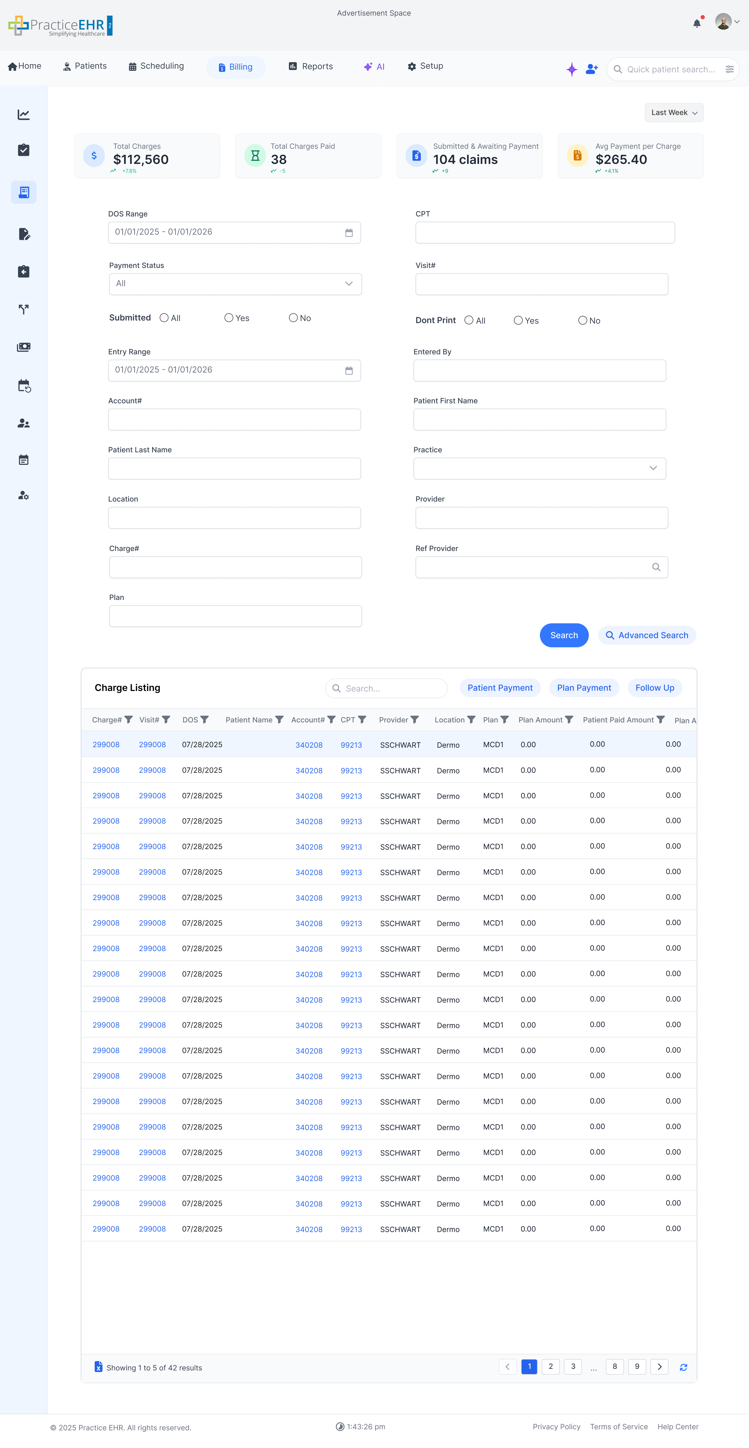 Billing Charge Listing Advanced Search